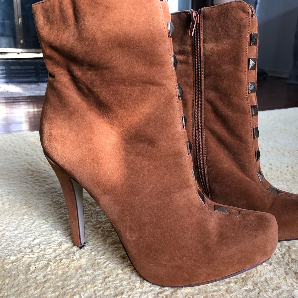 Brown Suede Studded  Platform Ankle High Heel Boots Size 8 - Picture 6 of 16